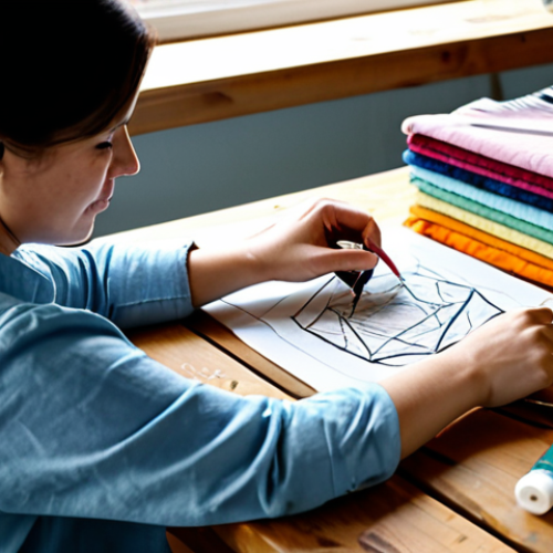 Home 14 A skilled artisan, a woman in her 30s, wearing a modest, comfortable cotton shirt and trousers, fully clothed, appropriate attire. She is intently focused on hand-stitching a colorful fabric pouch, with well-formed hands carefully guiding the needle and thread. Nearby, design sketches are spread on a wooden table, alongside various fabric swatches (cotton, velvet, canvas), a measuring tape, and a sewing machine in the background. The scene is a well-lit, cozy home craft studio with natural light streaming through a window. The atmosphere is calm and creative. perfect anatomy, correct proportions, natural pose, proper finger count, natural body proportions, professional photography, high quality, vibrant colors, soft lighting, detailed texture, safe for work, appropriate content, modest, family-friendly.