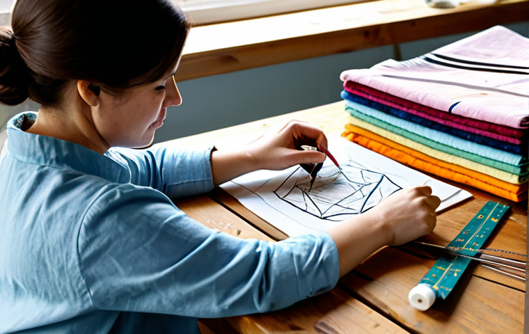 A skilled artisan, a woman in her 30s, wearing a modest, comfortable cotton shirt and trousers, fully clothed, appropriate attire. She is intently focused on hand-stitching a colorful fabric pouch, with well-formed hands carefully guiding the needle and thread. Nearby, design sketches are spread on a wooden table, alongside various fabric swatches (cotton, velvet, canvas), a measuring tape, and a sewing machine in the background. The scene is a well-lit, cozy home craft studio with natural light streaming through a window. The atmosphere is calm and creative. perfect anatomy, correct proportions, natural pose, proper finger count, natural body proportions, professional photography, high quality, vibrant colors, soft lighting, detailed texture, safe for work, appropriate content, modest, family-friendly.