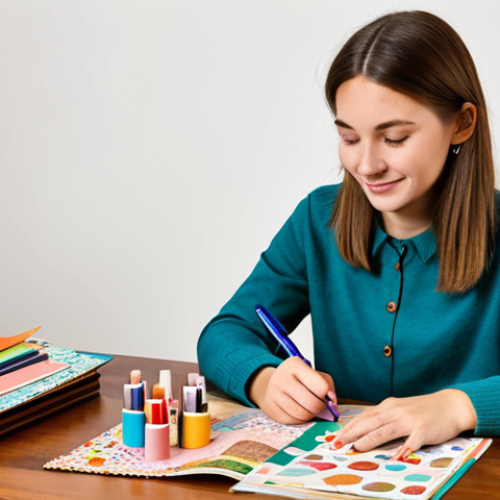 Home 9 **
"A woman sitting at a table, crafting a scrapbook with photos, colorful paper, stickers, and pens. The scene is warm and inviting, filled with craft supplies. She is wearing modest clothing, fully clothed, safe for work, appropriate content. Perfect anatomy, correct proportions, natural pose, well-formed hands, proper finger count, natural body proportions, professional photography, high quality, family-friendly."
**