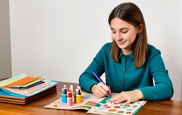 **

"A woman sitting at a table, crafting a scrapbook with photos, colorful paper, stickers, and pens. The scene is warm and inviting, filled with craft supplies. She is wearing modest clothing, fully clothed, safe for work, appropriate content. Perfect anatomy, correct proportions, natural pose, well-formed hands, proper finger count, natural body proportions, professional photography, high quality, family-friendly."

**