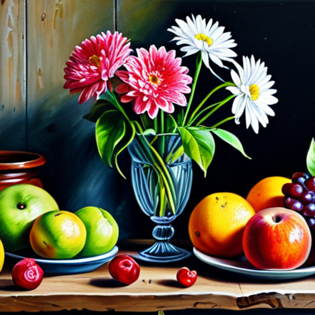 수공예 페인팅 기법 - **Acrylic Painting Still Life:** "A vibrant still life acrylic painting featuring fruits and flowers...