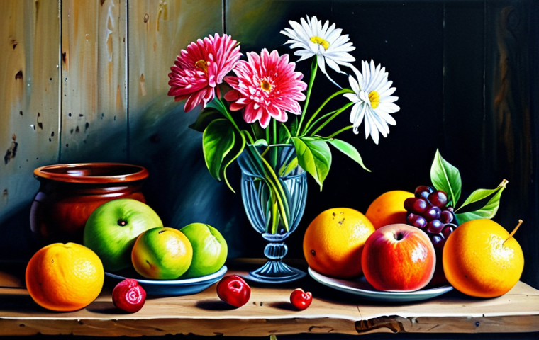 수공예 페인팅 기법 - **Acrylic Painting Still Life:** "A vibrant still life acrylic painting featuring fruits and flowers...