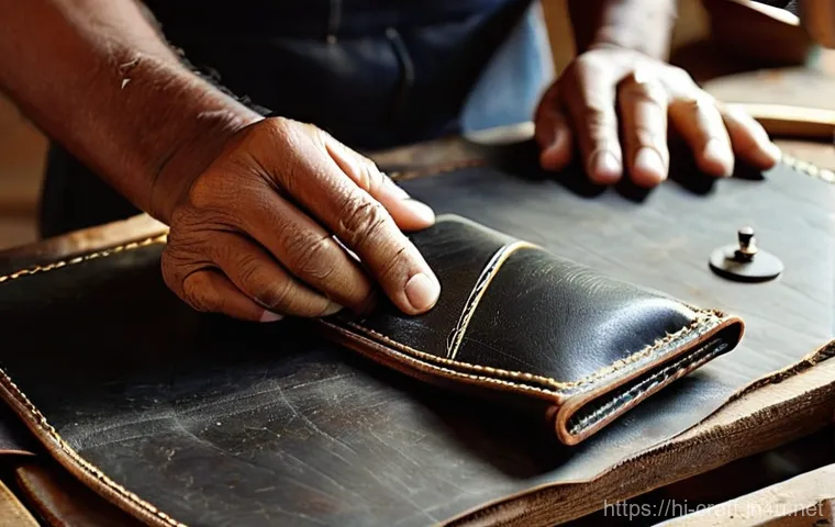 수공예 레더 공예 - **Prompt: The Artisan's Craft**
"A close-up shot of a skilled Indian leather artisan, possibly a...