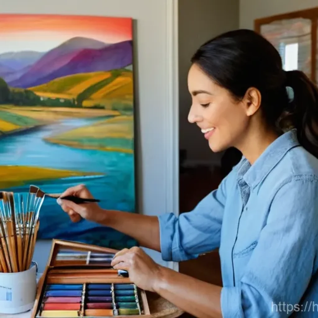 수공예 캔버스 아트 - **"Creative Flow in the Studio"**: A serene and brightly lit art studio, bathed in warm natural ligh...