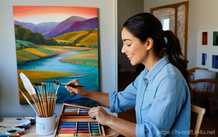 수공예 캔버스 아트 - **"Creative Flow in the Studio"**: A serene and brightly lit art studio, bathed in warm natural ligh...