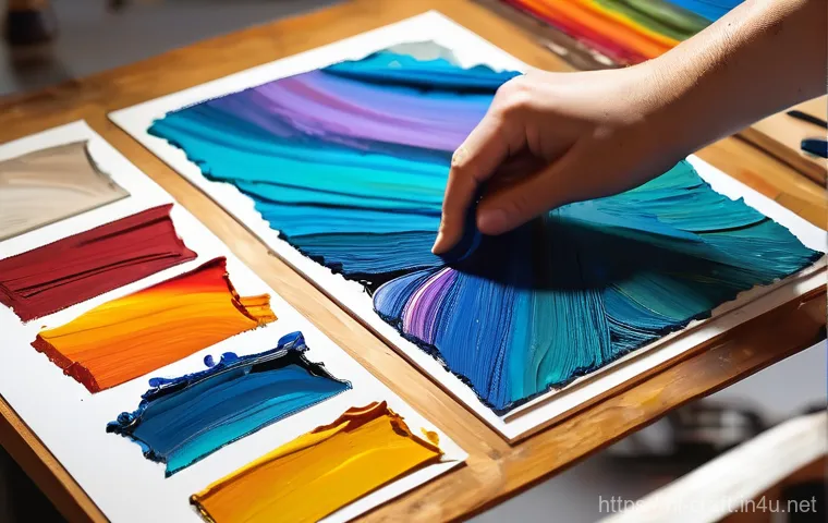 수공예 캔버스 아트 - **"Cherished Memories on Canvas"**: A heartwarming scene in a cozy, modern living room. A family of ...