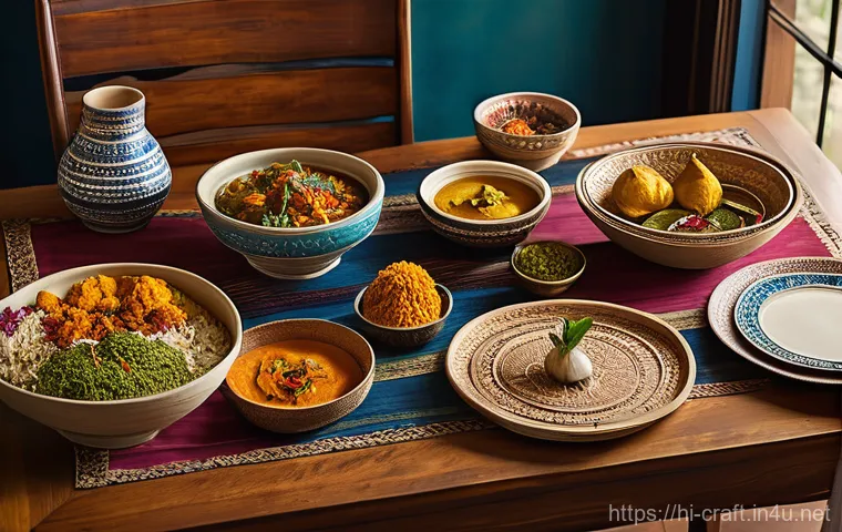 수공예 테이블 세팅 - A vibrant and warm family dining scene, filled with joy and conversation. The dining table is beauti...