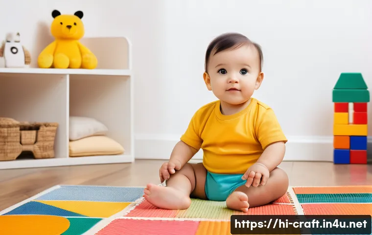 수공예 인테리어 소품 - **A toddler wearing a cloth diaper, sitting on a patterned playmat, surrounded by colorful wooden bl...