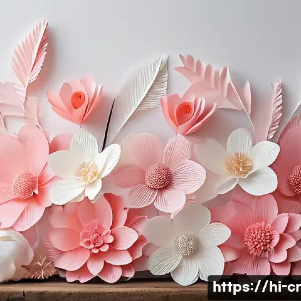 수공예 플라워 아트 - A delicate arrangement of handcrafted flowers made from crepe paper in soft pastel shades of pink an...