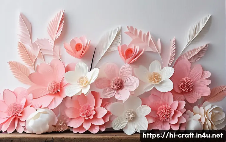 수공예 플라워 아트 - A delicate arrangement of handcrafted flowers made from crepe paper in soft pastel shades of pink an...