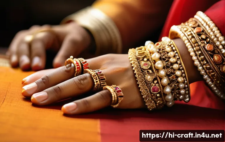수공예 앤틱 액세서리 - A close-up image of a traditional Indian artisan’s hands delicately crafting antique jewelry by hand...