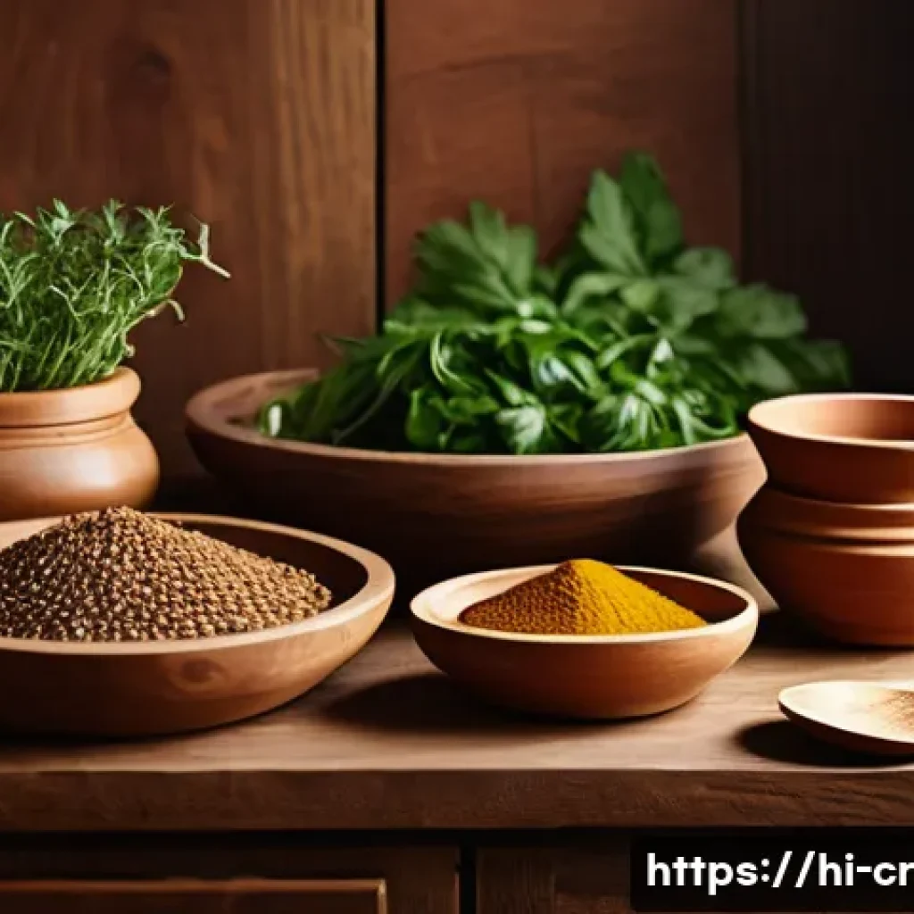 수공예 부엌 소품 - A rustic kitchen scene featuring handcrafted wooden utensils including spoons, bowls, and cutting bo...