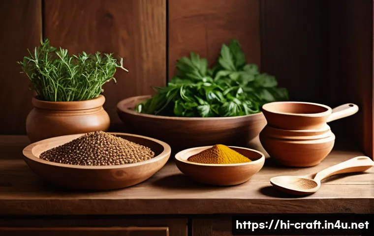 수공예 부엌 소품 - A rustic kitchen scene featuring handcrafted wooden utensils including spoons, bowls, and cutting bo...