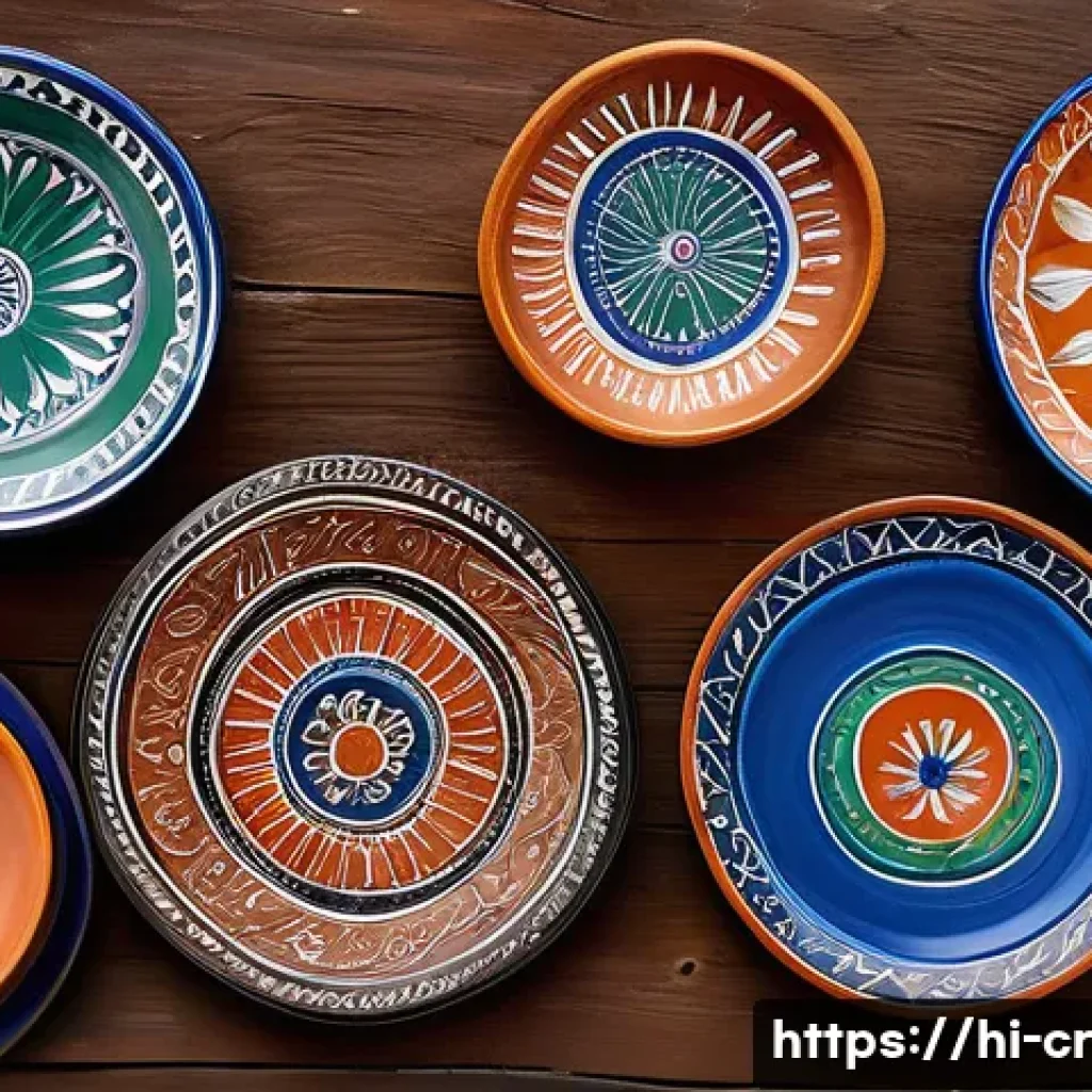 수공예 접시 디자인 - A collection of traditional handmade clay plates from Rajasthan, featuring vibrant Rajasthani folk a...
