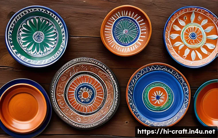 수공예 접시 디자인 - A collection of traditional handmade clay plates from Rajasthan, featuring vibrant Rajasthani folk a...