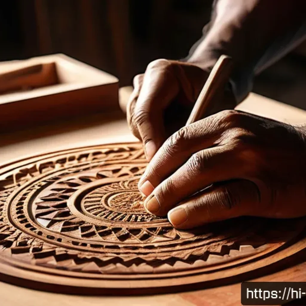 수공예 목재 작업 - A detailed close-up of a traditional Indian woodworking workshop showcasing a craftsman&rsquo;s hands care...