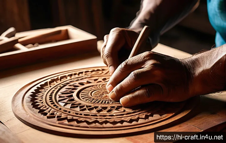 수공예 목재 작업 - A detailed close-up of a traditional Indian woodworking workshop showcasing a craftsman&rsquo;s hands care...