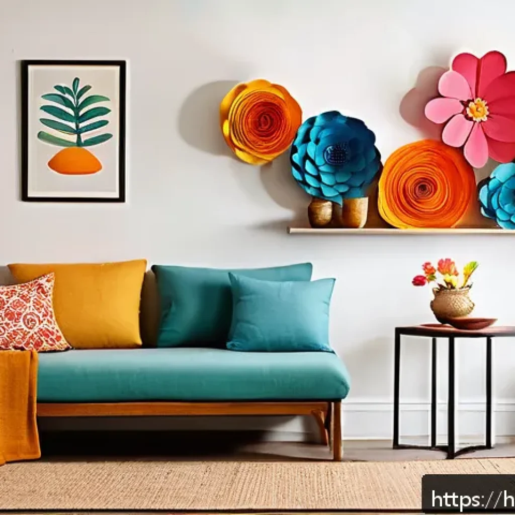 수공예 소품 만들기 - A vibrant and cozy living room corner decorated with handmade colorful paper flowers in various shap...