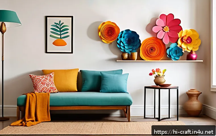 수공예 소품 만들기 - A vibrant and cozy living room corner decorated with handmade colorful paper flowers in various shap...