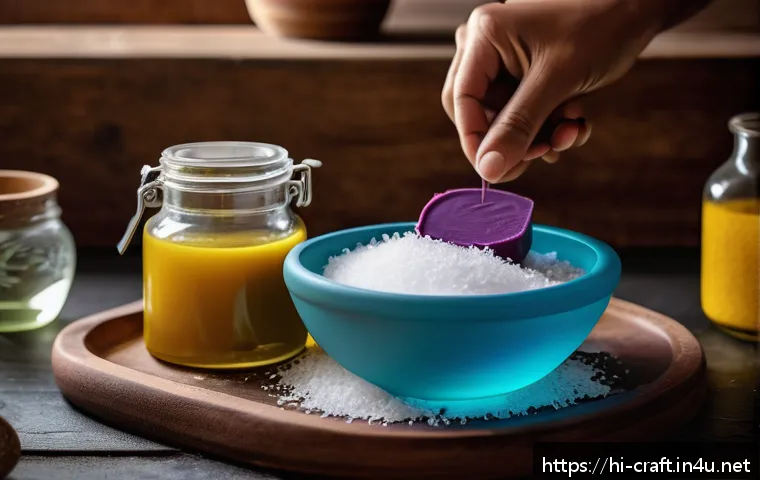 수공예 천연 비누 만들기 - A cozy, well-lit home kitchen workspace showing the natural soap-making process: a glass mixing bowl...