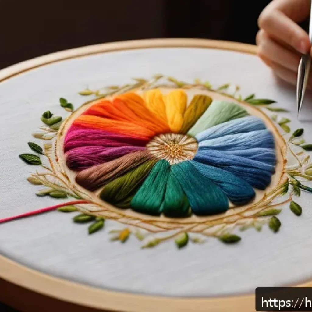 수공예 워크샵 - A cozy embroidery workspace featuring a well-lit wooden table with a medium-thickness hand embroider...