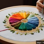 수공예 워크샵 - A cozy embroidery workspace featuring a well-lit wooden table with a medium-thickness hand embroider...