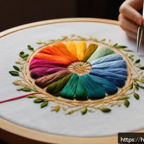수공예 워크샵 - A cozy embroidery workspace featuring a well-lit wooden table with a medium-thickness hand embroider...