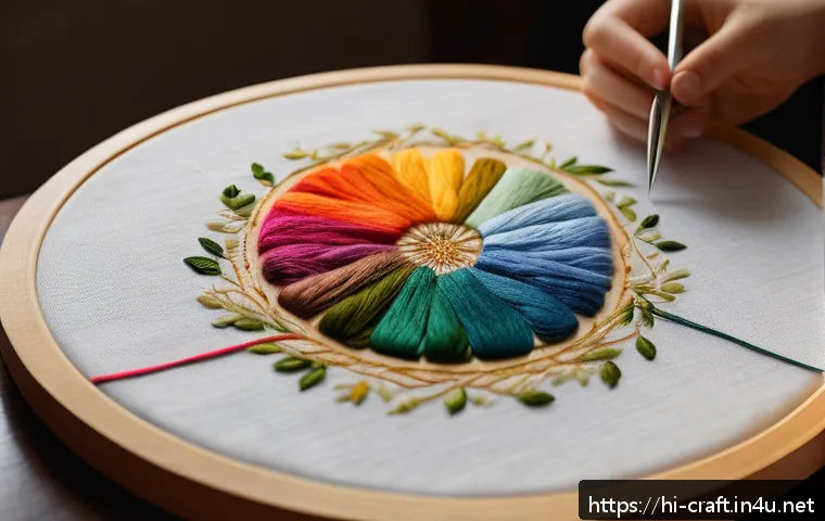 수공예 워크샵 - A cozy embroidery workspace featuring a well-lit wooden table with a medium-thickness hand embroider...
