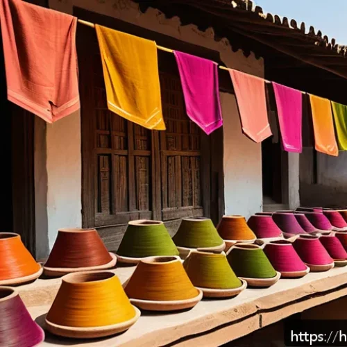 수공예 전통 염색 - A vibrant Indian artisan workshop scene featuring skilled local craftsmen dyeing fabrics with natura...