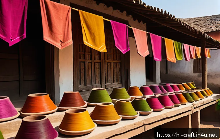 수공예 전통 염색 - A vibrant Indian artisan workshop scene featuring skilled local craftsmen dyeing fabrics with natura...