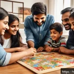 수공예 퍼즐 만들기 - A vibrant scene showing a diverse group of Hindi-speaking people, including children and adults, gat...