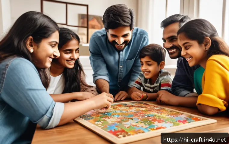 수공예 퍼즐 만들기 - A vibrant scene showing a diverse group of Hindi-speaking people, including children and adults, gat...