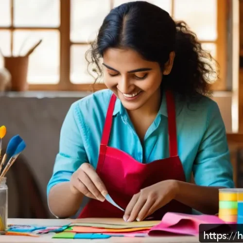 수공예 유튜브 채널 운영 - A bright, well-lit crafting workspace featuring a young Indian woman wearing casual clothing and an ...