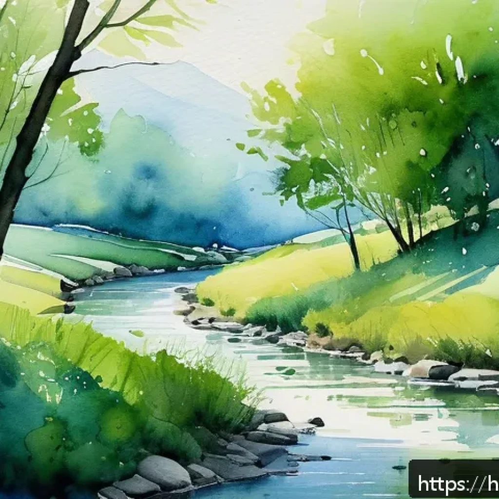 수공예 워터컬러 기법 - A delicate watercolor painting scene featuring multiple translucent layers of blue and green hues bl...