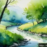 수공예 워터컬러 기법 - A delicate watercolor painting scene featuring multiple translucent layers of blue and green hues bl...