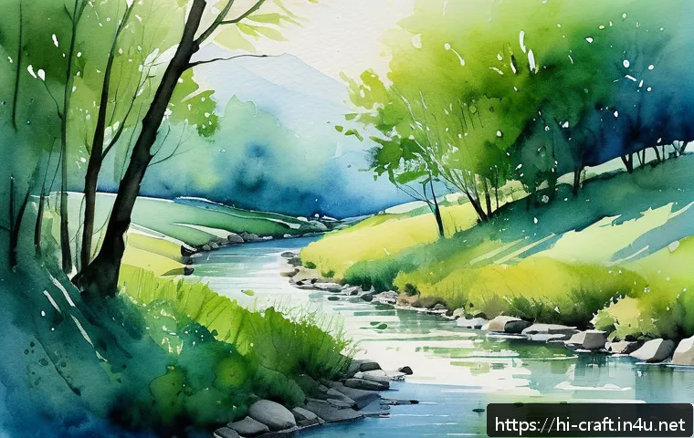 수공예 워터컬러 기법 - A delicate watercolor painting scene featuring multiple translucent layers of blue and green hues bl...