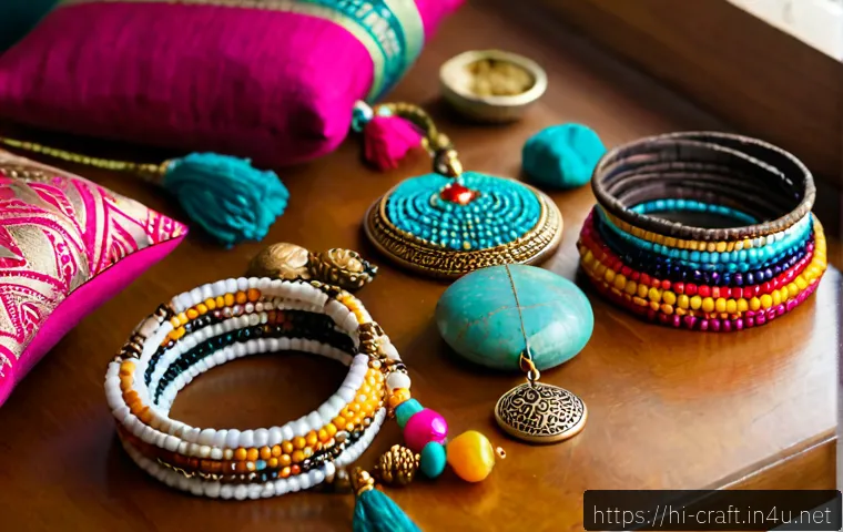 수공예 액세서리 아이디어 - Photorealistic overhead flat lay of handmade accessory ideas on a warm wooden craft table: colorful ...