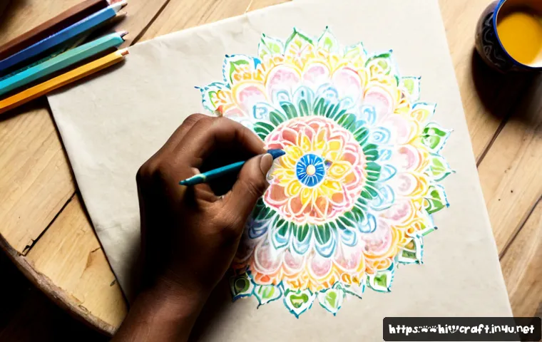 수공예 손그림 아트 - Photorealistic overhead view of a skilled Indian artisan creating a delicate hand-drawn floral manda...