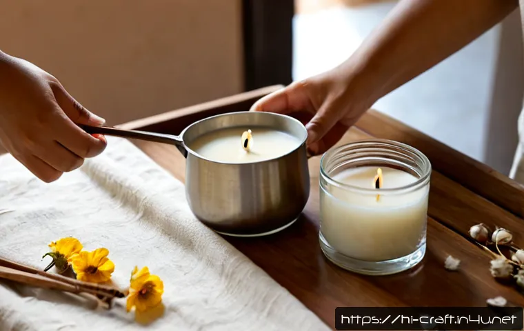 수공예 캔들 만들기 - Photorealistic close-up of a pair of hands carefully pouring creamy melted soy wax from a small stai...