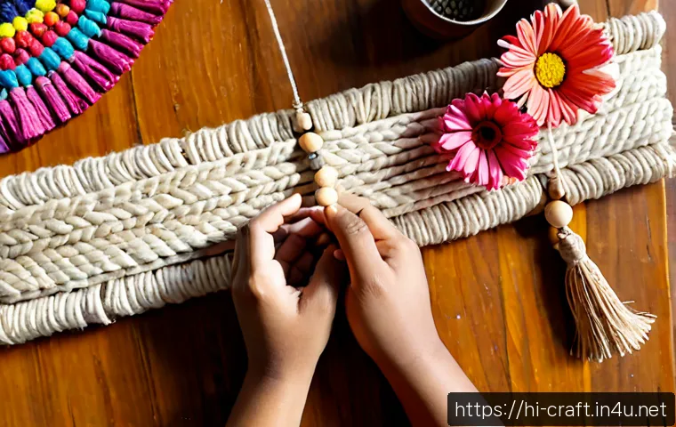 Home 17 수공예 DIY 아이템 - Photorealistic overhead view of Indian adult hands assembling a colorful handmade DIY wall hanging w...