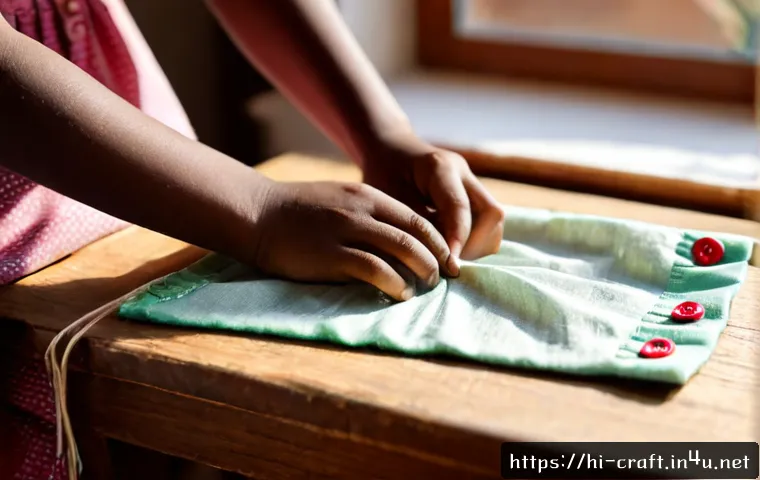 수공예 인형 만들기 팁 - Photorealistic close-up of skilled hands sewing a small handmade cloth doll on a neat wooden craft t...