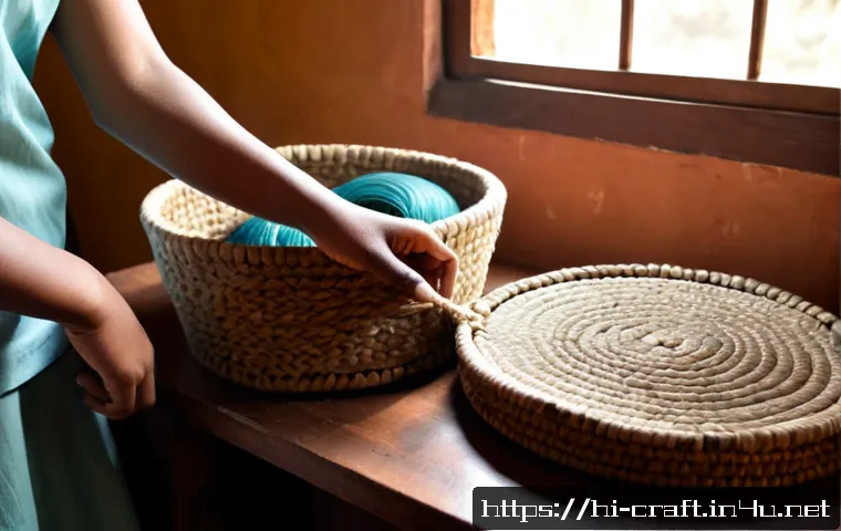Home 17 수공예 생활용품 제작 - Photorealistic Indian home craft workspace, skilled adult hands weaving a sturdy natural-fiber stora...